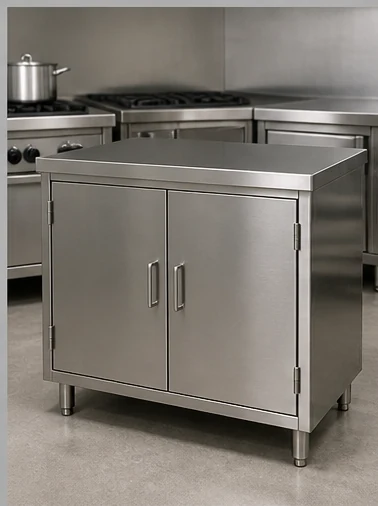Stainless steel cabinet with doors and worktop