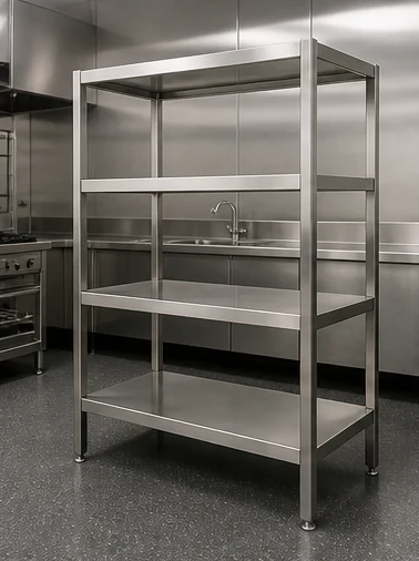 Open stainless steel storage rack with multiple shelves
