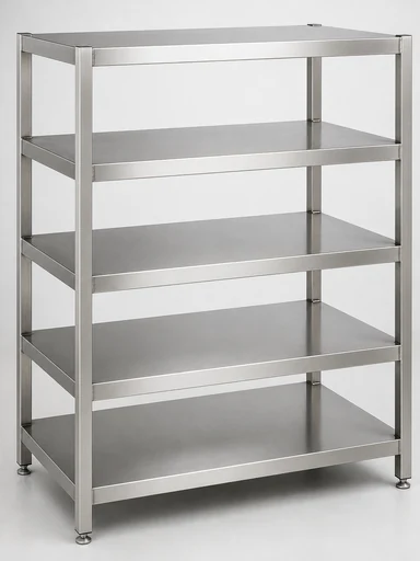 Five-tier solid stainless steel open rack on adjustable feet