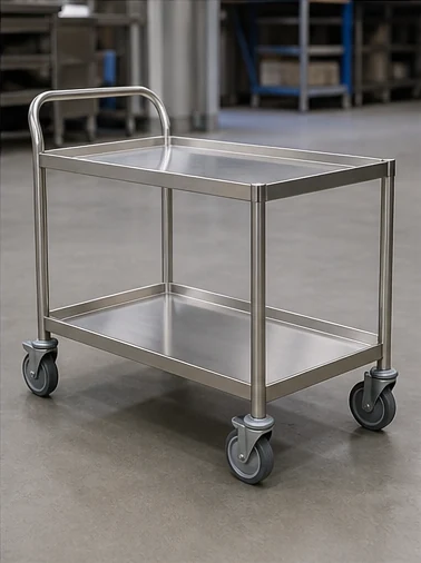 Stainless steel kitchen trolley with castors and two tiers