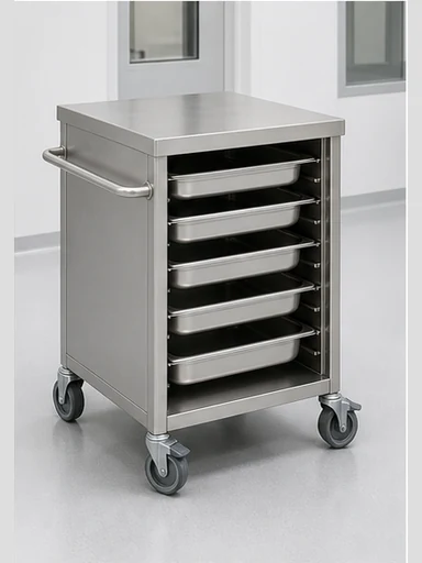 Enclosed stainless steel tray trolley