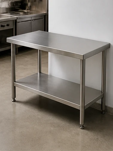 Stainless steel work table with solid undershelf and adjustable feet