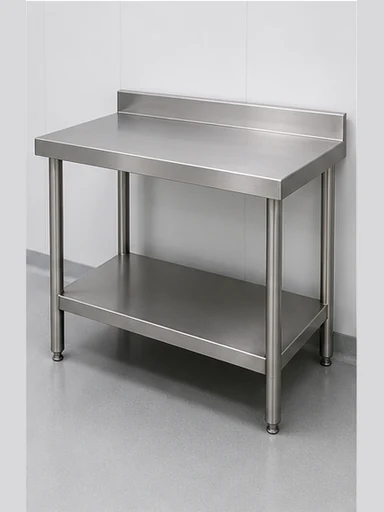 Stainless steel landing table beside a sink